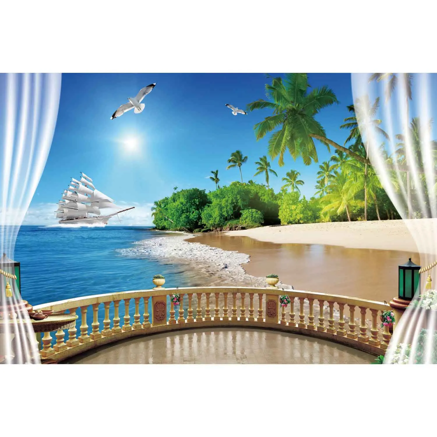 thumbnail image 1 of MOON.QG Fondo de fotografía de playa con puesta de sol en el océano azul, fondo de fotografía de verano tropical, palmera, ola, arena, barco, retrato, 1 of 5