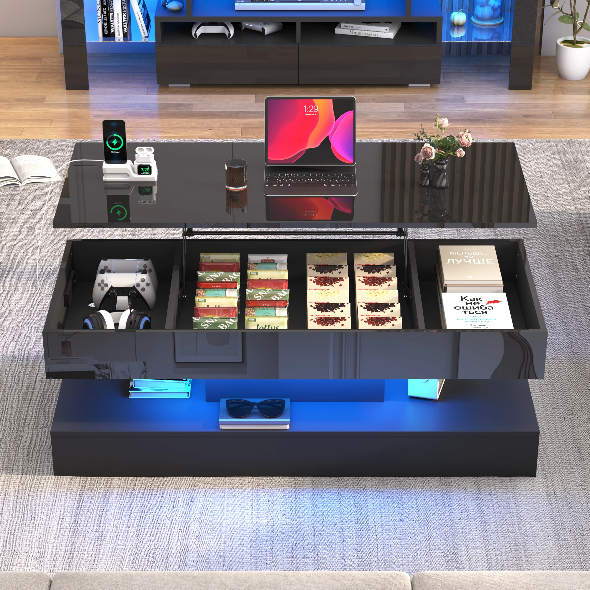High Glossy LED Coffee Tables for Living Room, Center Table with Open Display Shelf & Large Storage Space, White Coffee Table 3