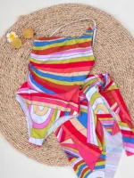 2025 Style Colorful Stripped Women One Piece Swimsuit And Skirt Set  Perfect For Summer Vacation Female Dress High Street Getway