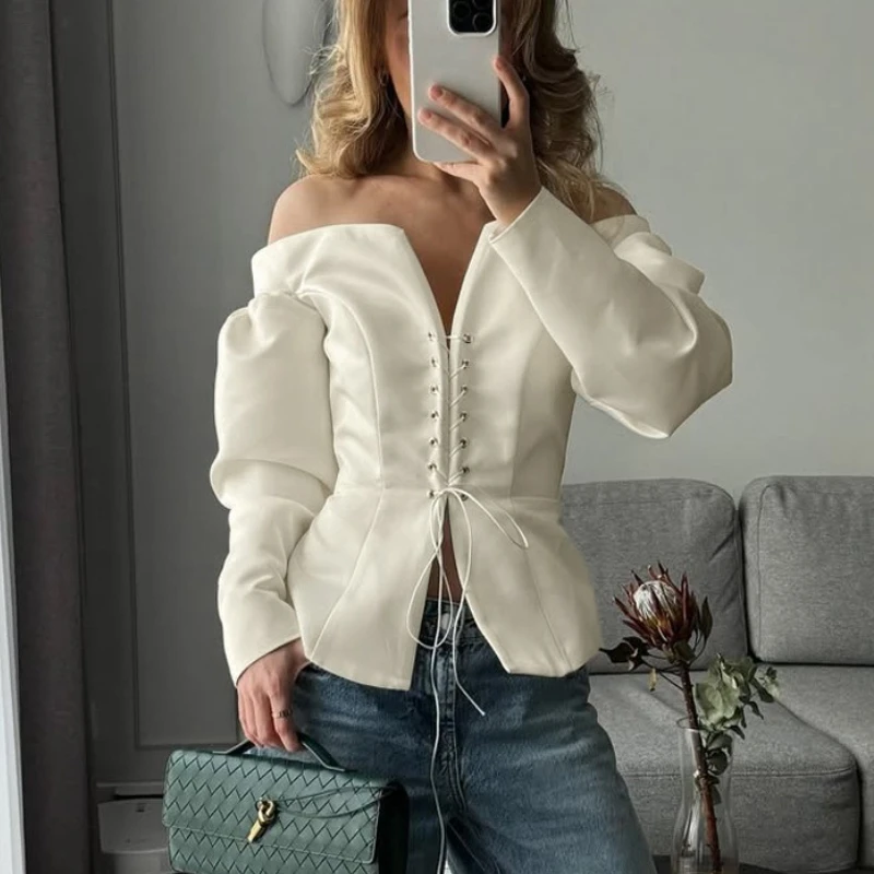 Sexy Hottie One-Shoulder-Cardigan Damen-Oberteil Langärmliges Schnür-Top Einfarbiges Schlankes V-Ausschnitt Splicing-Top Herbst Damenkleidung 2026