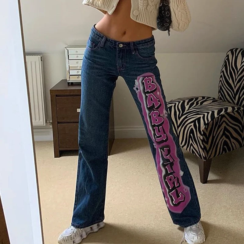 90s Moms Jeans E-girl Vintage Streetwear Letter Printing Baggy Jeans Fashion Straight Demin Low Waist Y2K Pants Summer 2021 Blue