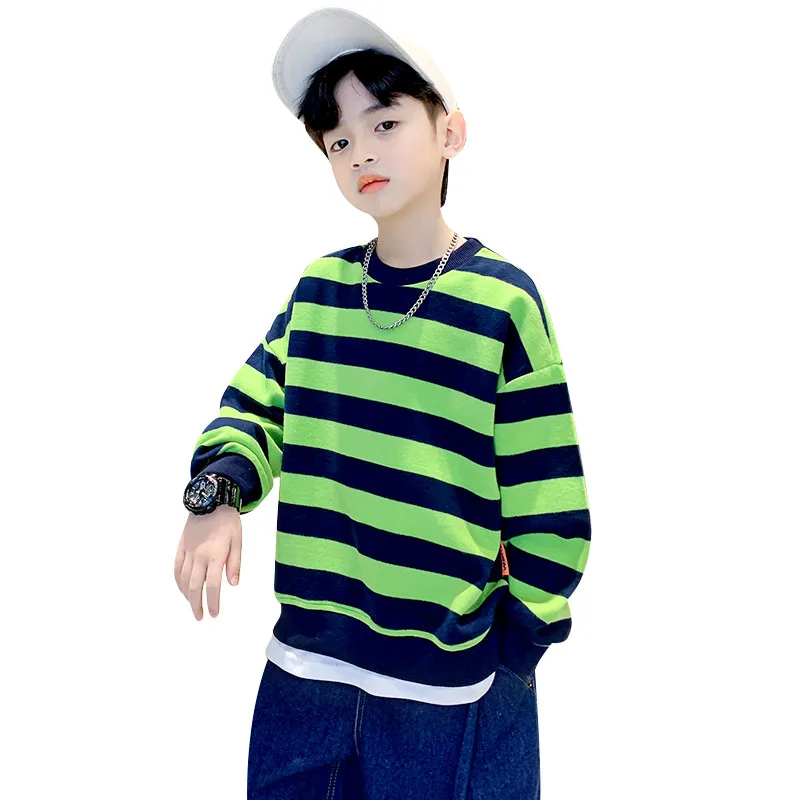 

Boys Spring Autumn Cotton T-shirts New Fashion Children Spliced Patchwork Sleeve Sweatshirts For Teenager Black White Stripe Top