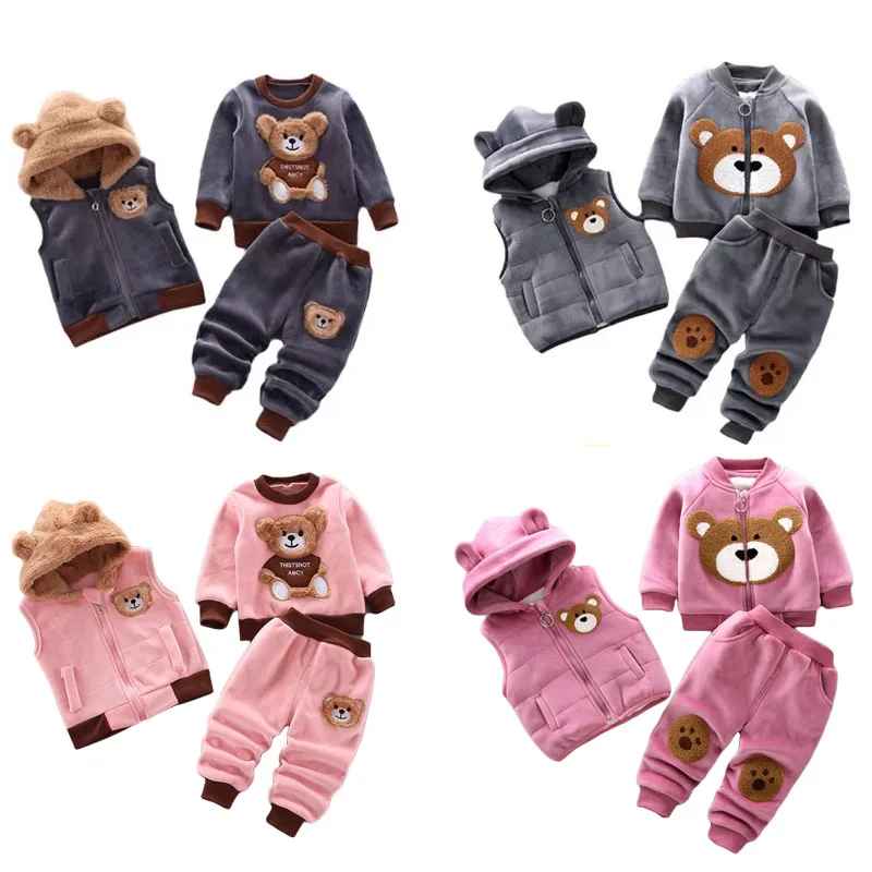 Kids Clothes Set Baby Boy Autumn Cotton Thick Warm Casual Hooded Sweater Winter Cartoon Cute Bear Three-Piece 0-5Y