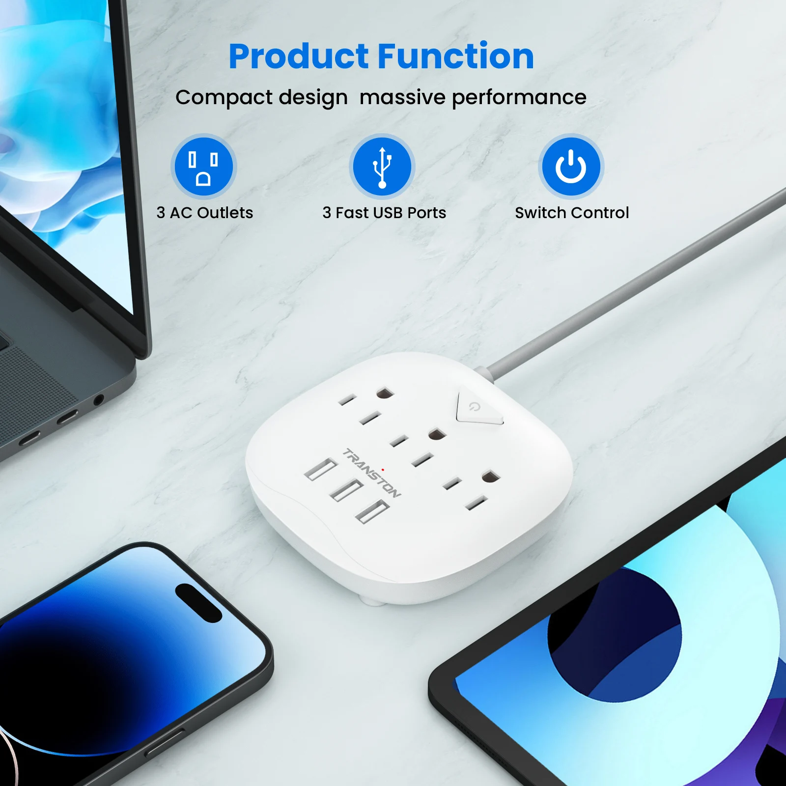 Power Strip with Switch – 3 Outlets, 3 USB Ports, 3.3ft Extension Cord, Quick Charge, Fire-Resistant Design 3