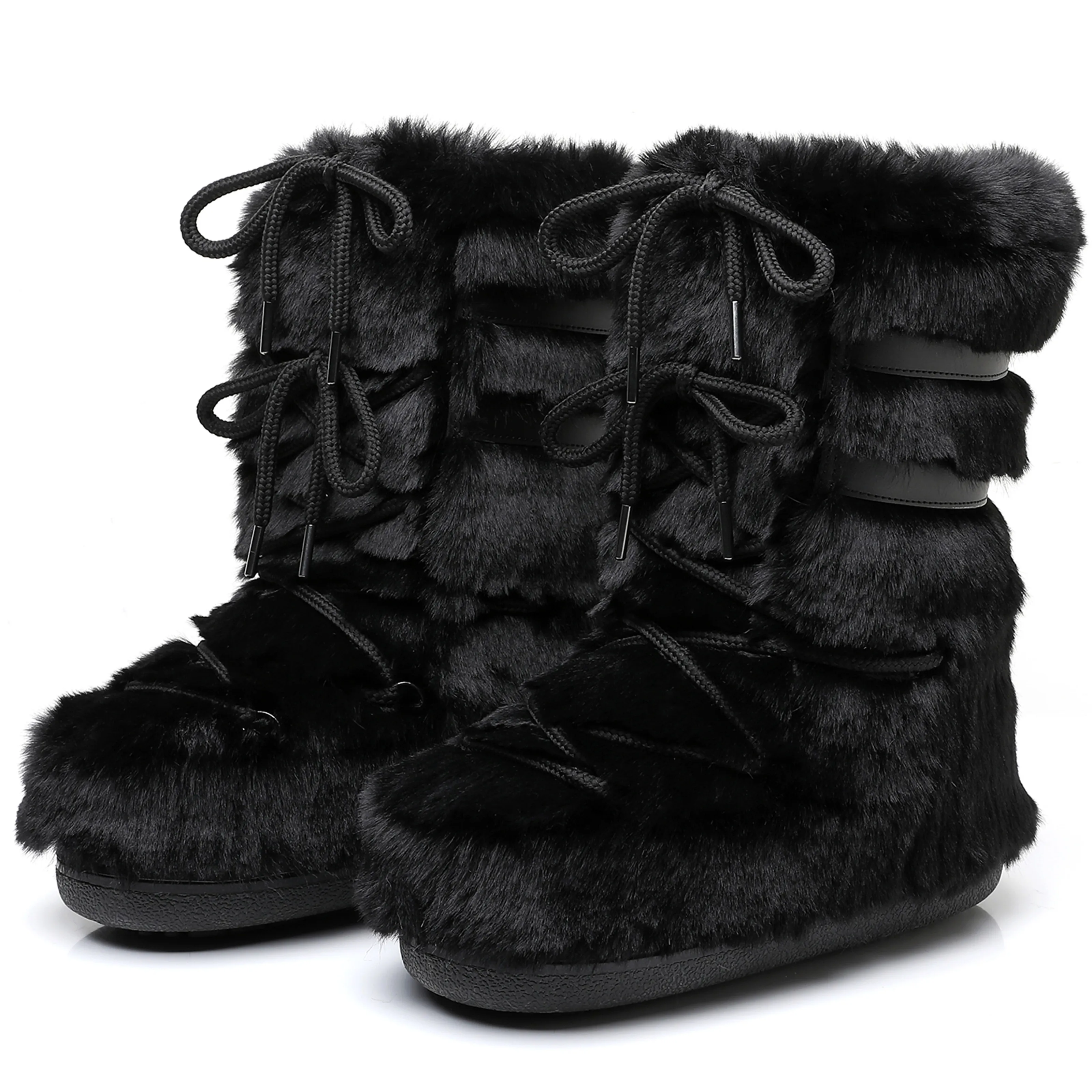 2025 Winter Snow Boots Mid-calf Lace-up Rabbit Fur Women Ski Boots
