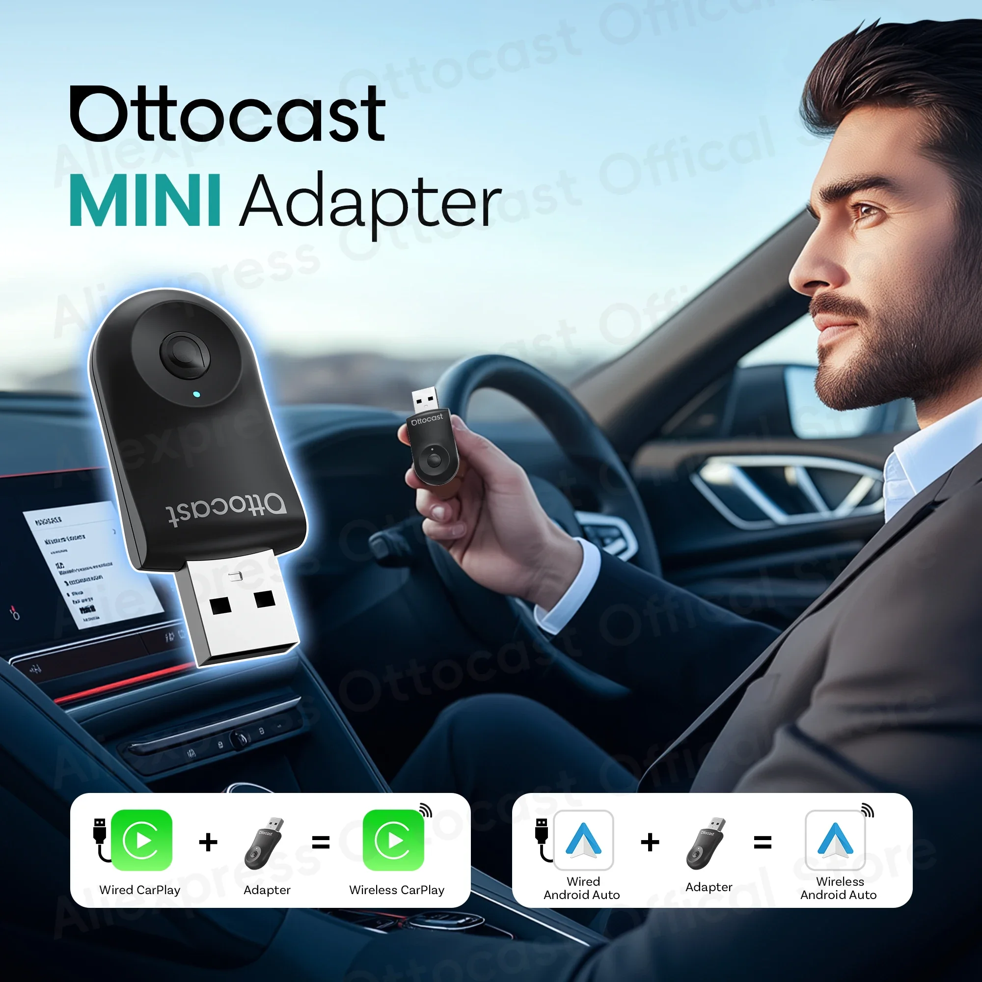 2026 New OTTOCAST MINI Wireless Android Auto CarPlay Adapter Box Bluetooth Car Accessories for iPhone for Samsung Google Phone