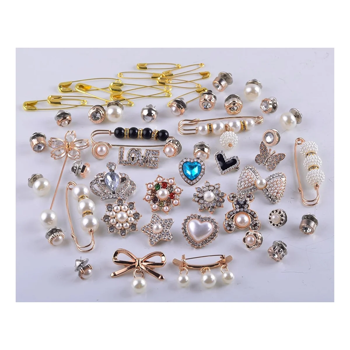 A04R-55pcs Junk Sock Charms Pins Gold Bling Sock Jewelry Charms,Brooch Pins for Socks,Pearl Rhinestone Brooch