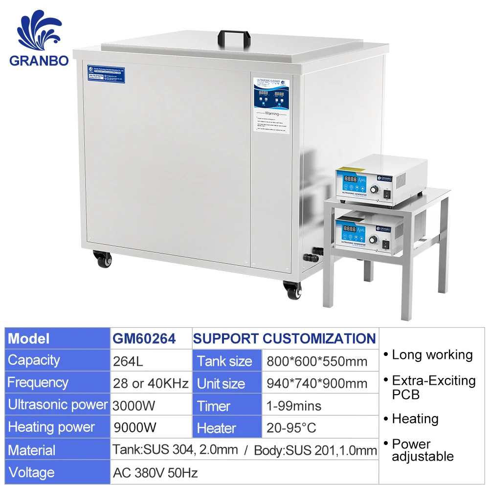 Granbo Ultrasonic Ricambi Auto Cleaner Single Tank 264L 3000W Sus304 316 28Khz Pulizia Profonda Heavy Duty Antiruggine