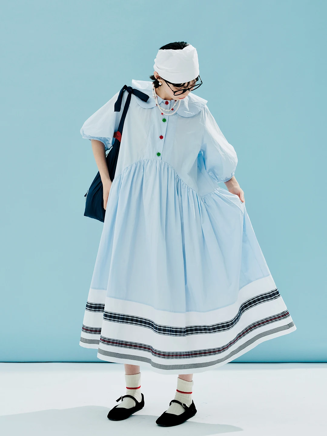 imakokoni summer pure cotton artistic color matching puff sleeves big hem loose long dress 244611