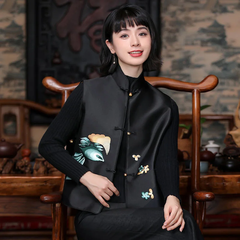 

Black Embroidery Retro Chinese Style Modern Women Vest Tops Oriental Traditional Ethnic Gilet China Clothes Sleeveless Jacket