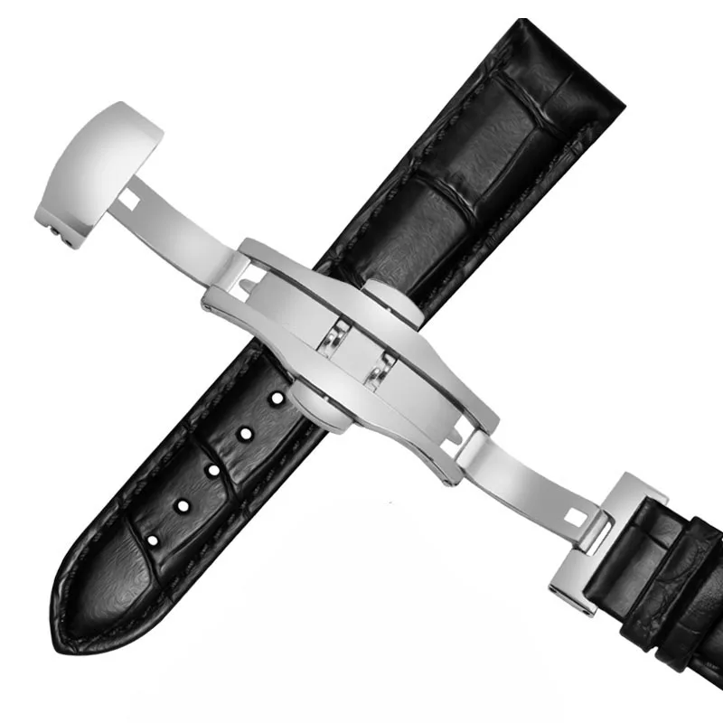 Elegant Universal Leather Watch Strap with Butterfly Buckle - Black & Brown Adjustable Bracelet