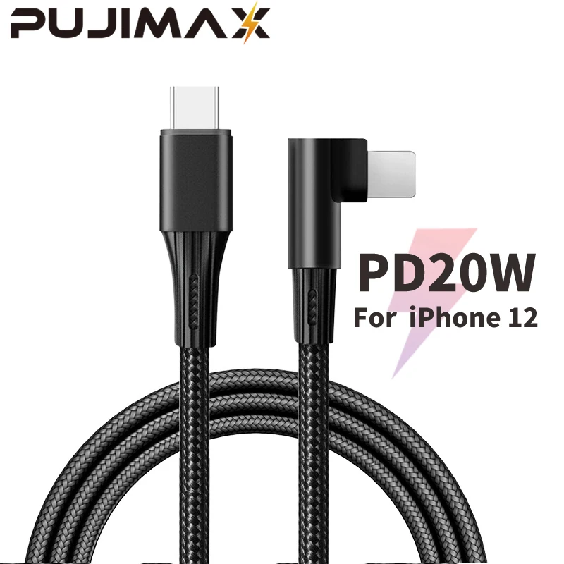 PUJIMAX PD 20W Elbow Fast Charging Cable 90 Degree For iPhone 12 11 Pro Max USB C Data Cable 3A USB Type C Charger Gaming Cable