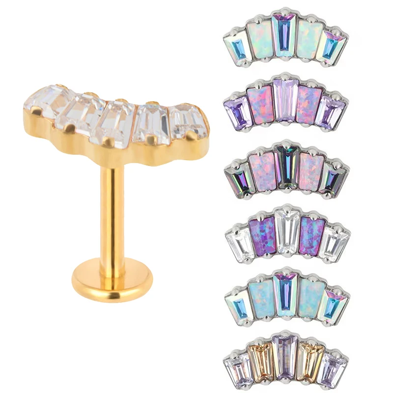 Pendientes de titanio G23 5 oblong CZ Blaze curva superior roscado Labret PIERC labio Stud cartílago de la oreja Tragus Helix Piercing joyería