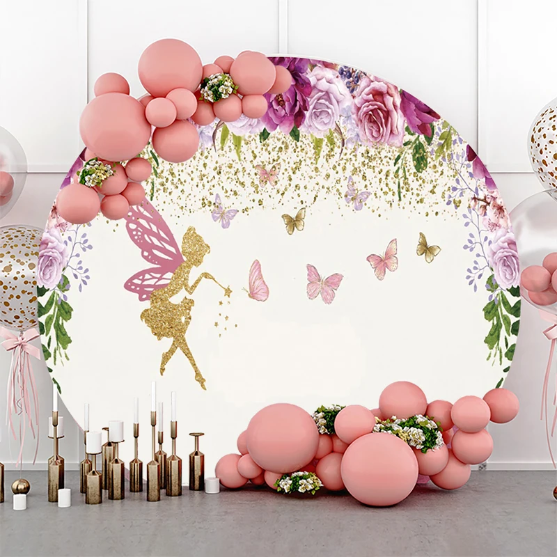 

Round Backdrop Cover Fairy Tale Colorful Flowers Butterfly Fairy Girls Birthday Party Decorations Circle Photo Background Cloth