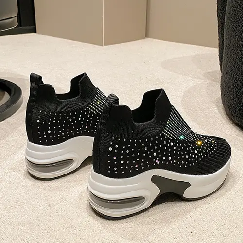 2025 High Quality Air Cushion Shoes For Women lightweight Breathable Hiking Shoes Rhinestone Platform wedge SLIP-ON sneakers - Image 2