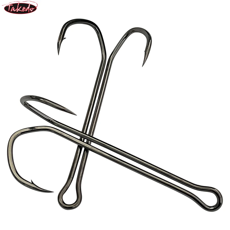TAKEDO 10PCS SDL-38BC Double Hook 6#-4/0 Cutting Delta Point Long Shank Fishing Hook Hight Carbon Steel Fishing Hooks Frog Lure