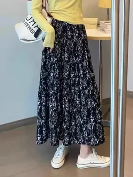 2025 Y2k ملابس الشارع الشهير الصيف عالية الخصر طول الكاحل التنانير الرجعية مرونة الخصر طباعة طيات مطوي فضفاض ألف خط تنورة مع بطانة 4