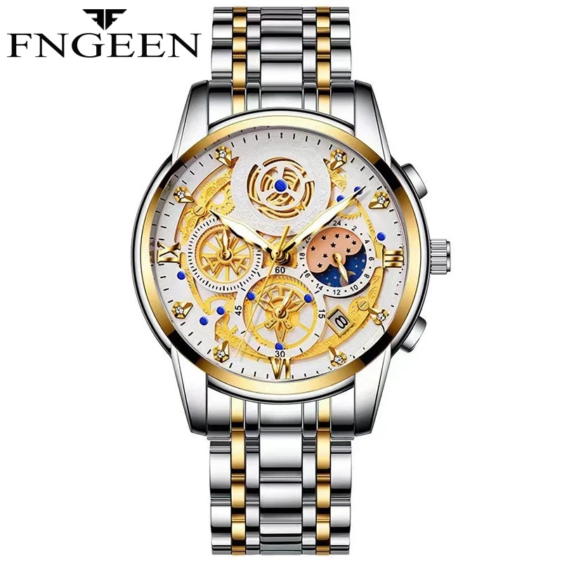 

2023 FNGEEN New Calendar Men's Fashion Hollow Out Flywheel Water Diamond Waterproof Sun Moon Star Quartz Watch Glow at Night 40