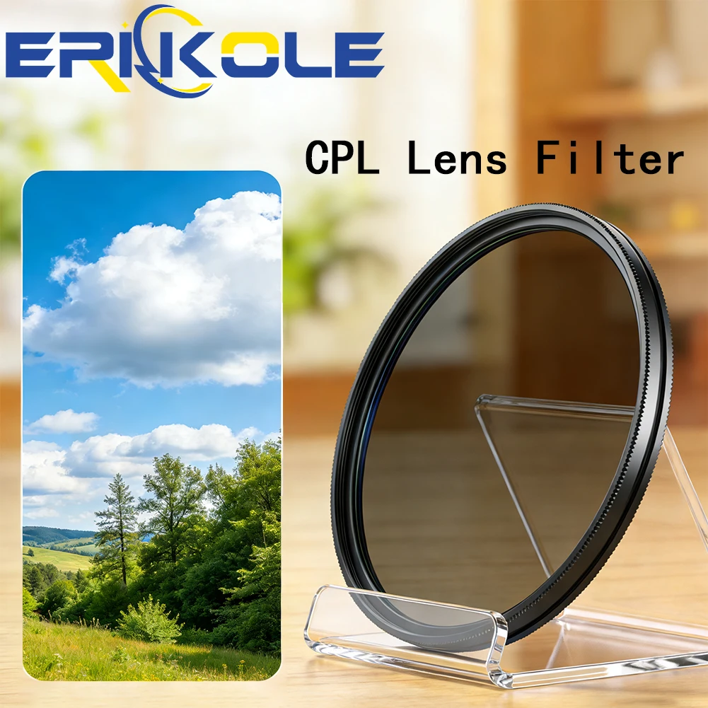 Kit filtre CPL et UV pour objectif photo, de 37mm à 82mm, posé sur fond blanc.