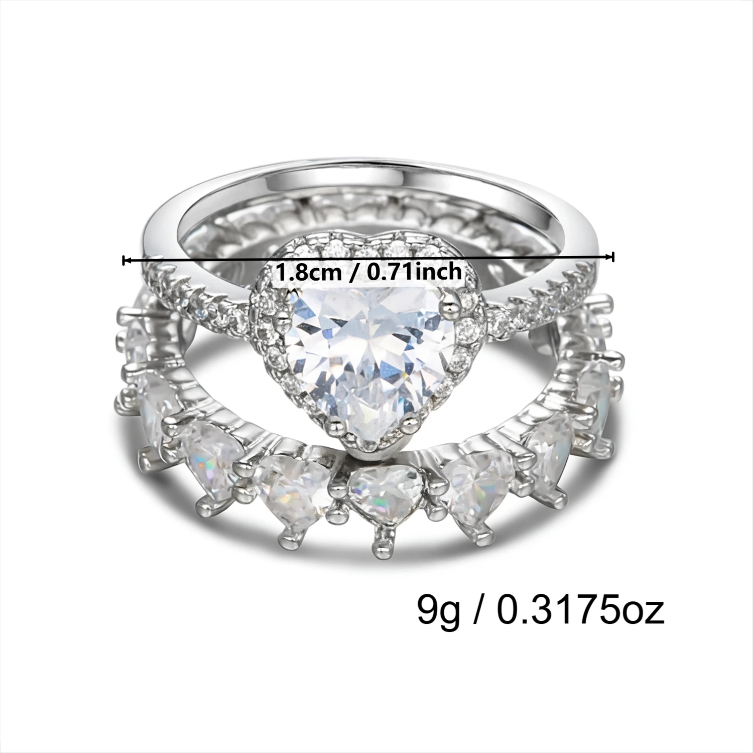 Trendige Funkelnde Herzförmige Zirkon-Ringe Set für Damen 2 Stück Exquisite Silberfarbene Stapelbare CZ-Ringe Brautschmuck – Detail 7