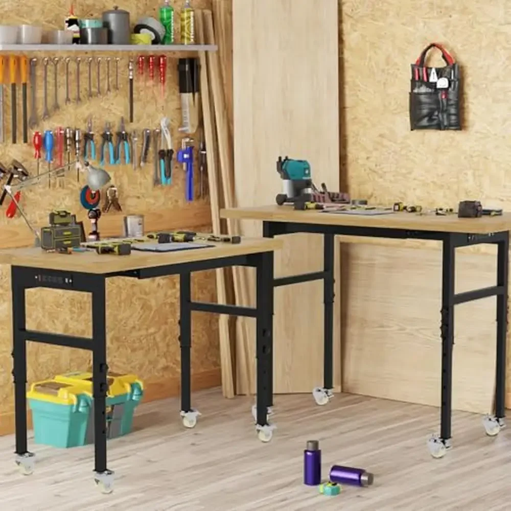 Adjustable Rolling Workbench Table with Power Outlet & Drawer Garage 60'' Work Bench with Wheels Heavy Duty Load Capacity woodworking bench woodworking workbench portable workbench