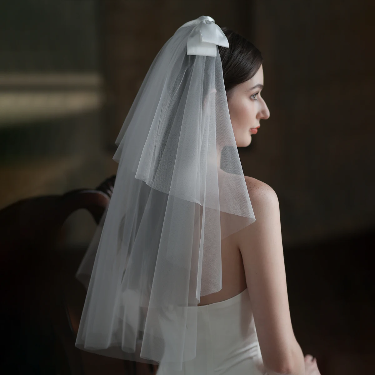 Bridal Veil V848 White Soft Tulle Two-Layer Wedding Bridal Veil of Satin Bow with Hair Comb
