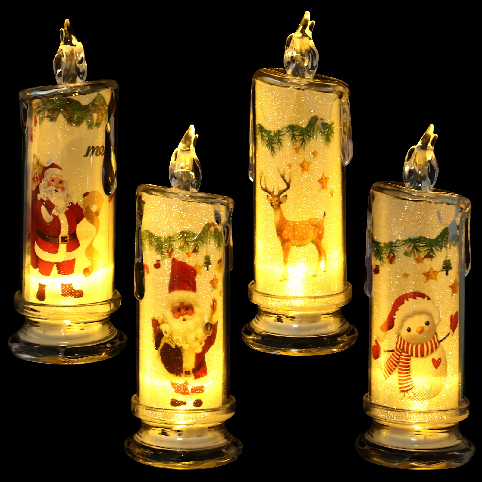 

4 Pcs Christmas Decorations Indoor LED Tear Electronic Santa Claus Snowman Base 4pc Electric Light Ornament Tealight For