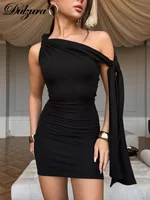 Dulzura 2025 Summer Fashion Sexy Inclined Shoulder Sleeveless Lace Up Bodycon Mini Dress Women'S Solid Elegant Party Club Outfit