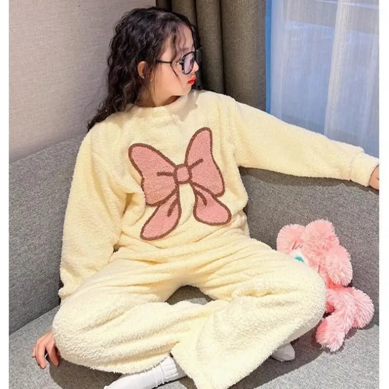 카와이 소녀 패션 잠옷 세트 학생 가을, 겨울 두꺼운 캐주얼 플란넬 탑 긴 바지 2 피스 세트 아동 의류