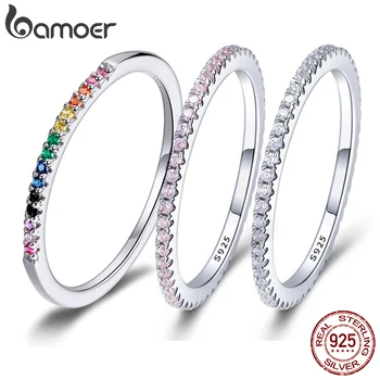 BAMOER 925 Sterling Silver Full Paved Simulated Diamond Stackable Rings, Women Gold Plated