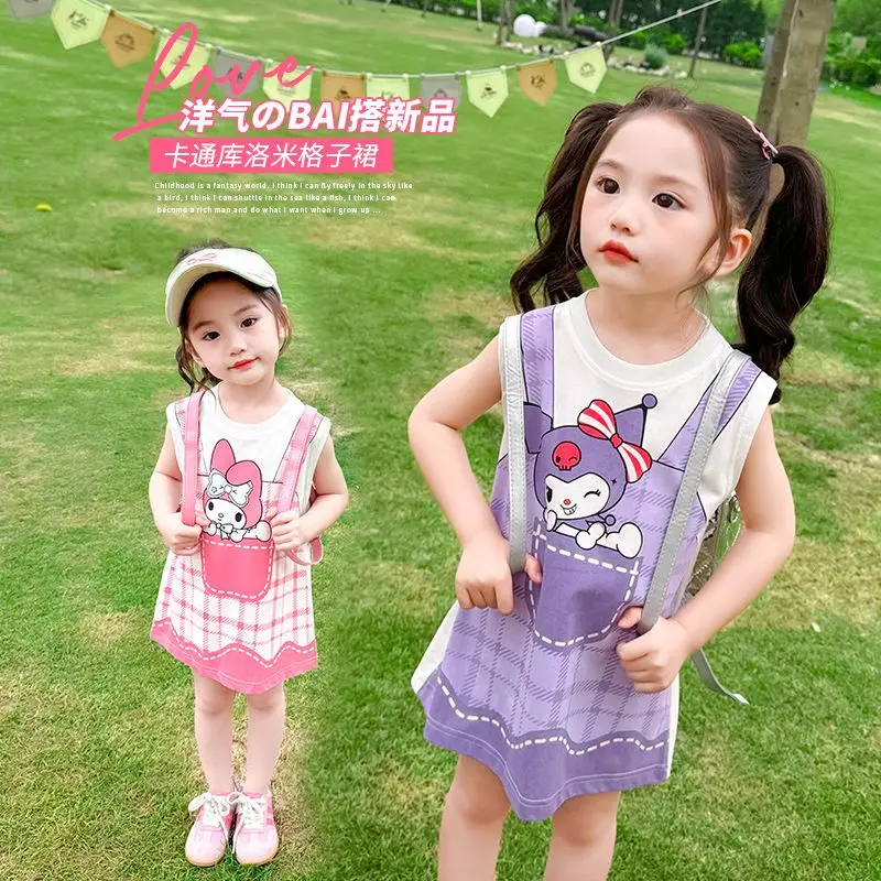 

2024 Sanrio Kawaii Kuromi My Melody Girls T-Shirt Dress Summer Sweet Cute Cartoon Anime Vest Princess Dress Tide Gift for Kids