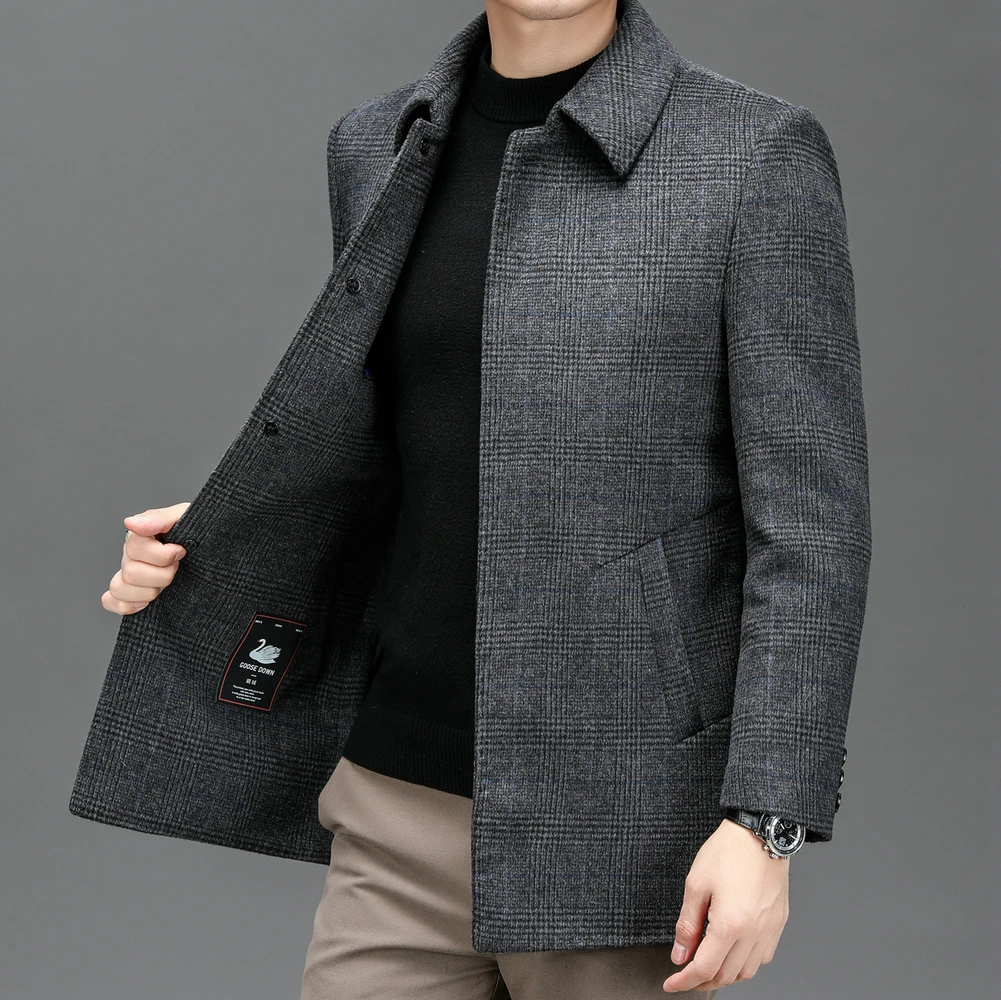 2023 Winter Men Thicken Wool Blended Overcoat Gray Navy Plaid Sheep Wool Overcoat With Detachable Puff Liner Tweed Outerwear