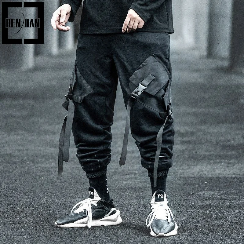 

ERENEJIAN Men Hip Hop Harem Pants With Pockets Fashion Streetwear Oversized Ribbon Cross Trousers Techwear Joggers Elastic Waist