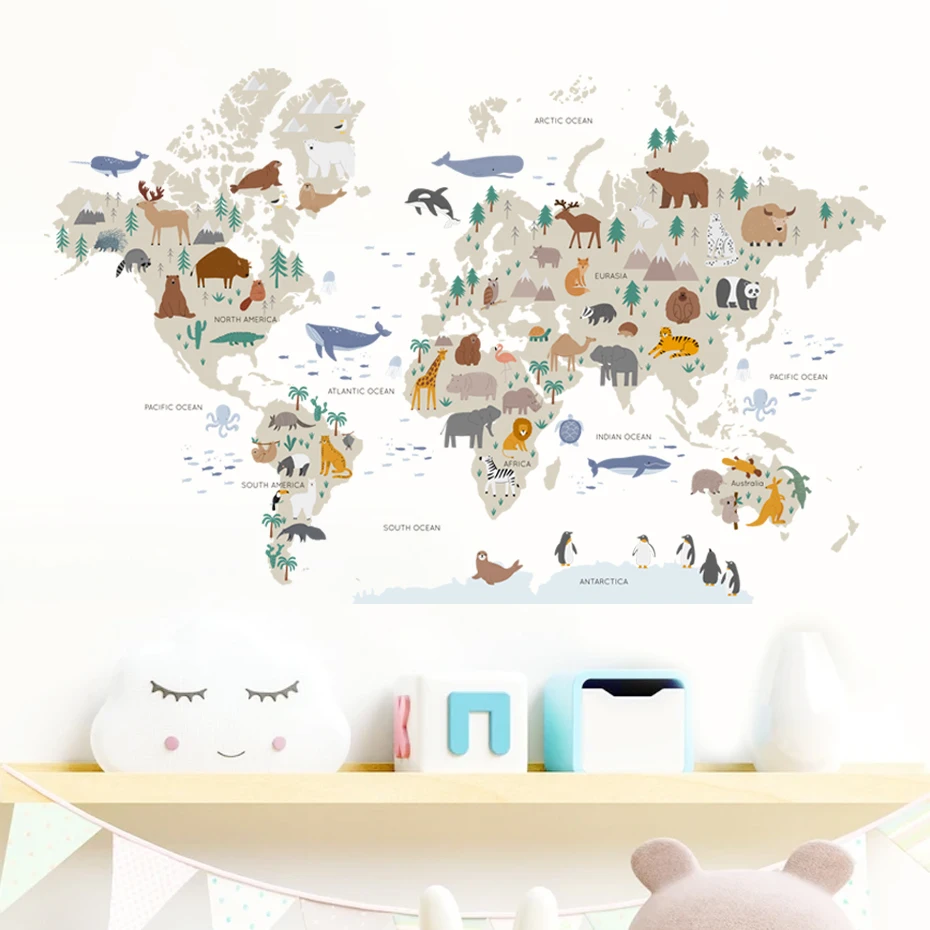Large World Map Wall Stickers Cartoon Animals Wildlife Watercolor Kids Vinyl Nursery Art Decals for Babys Girls Room Home Decor