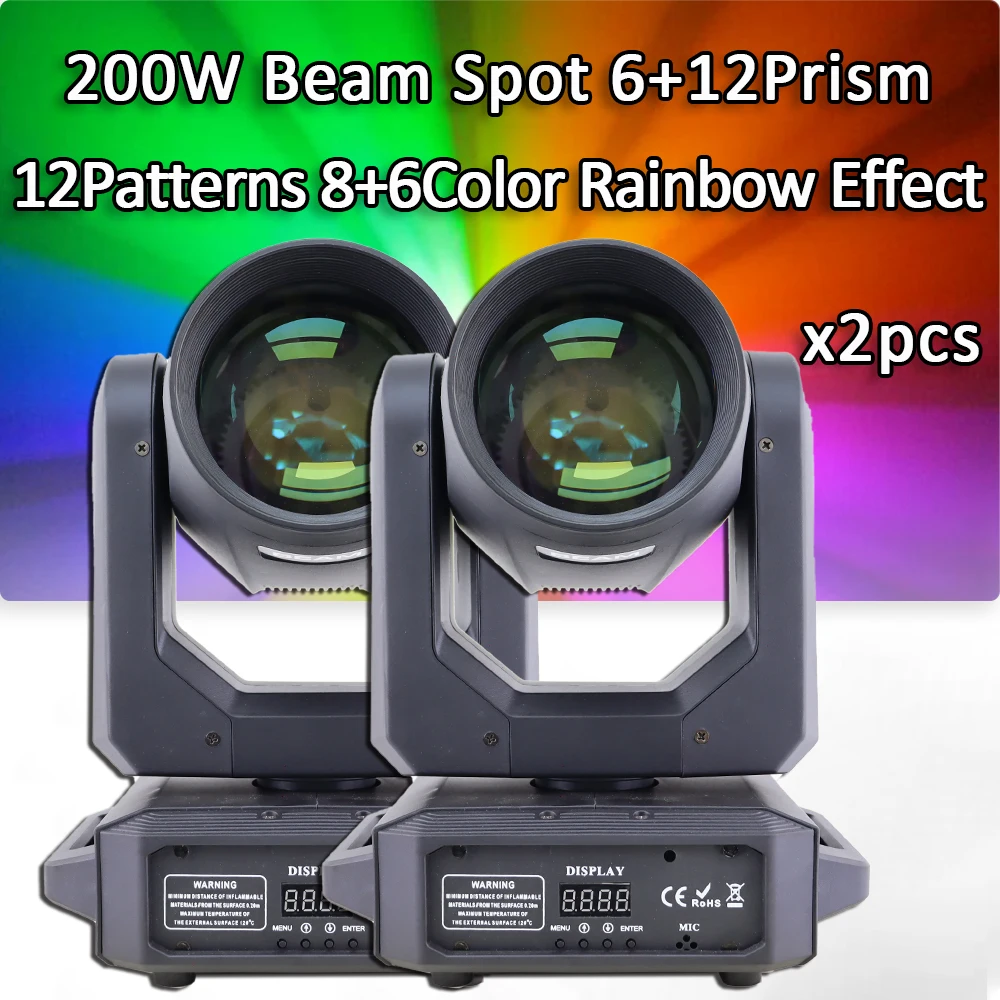 

2Pcs/Lot 200W LED Moving Head Beam Spot Nightclub Light 6+12Prism DJ Party Lights For Disco Wedding Rotating Gobo Stage Light