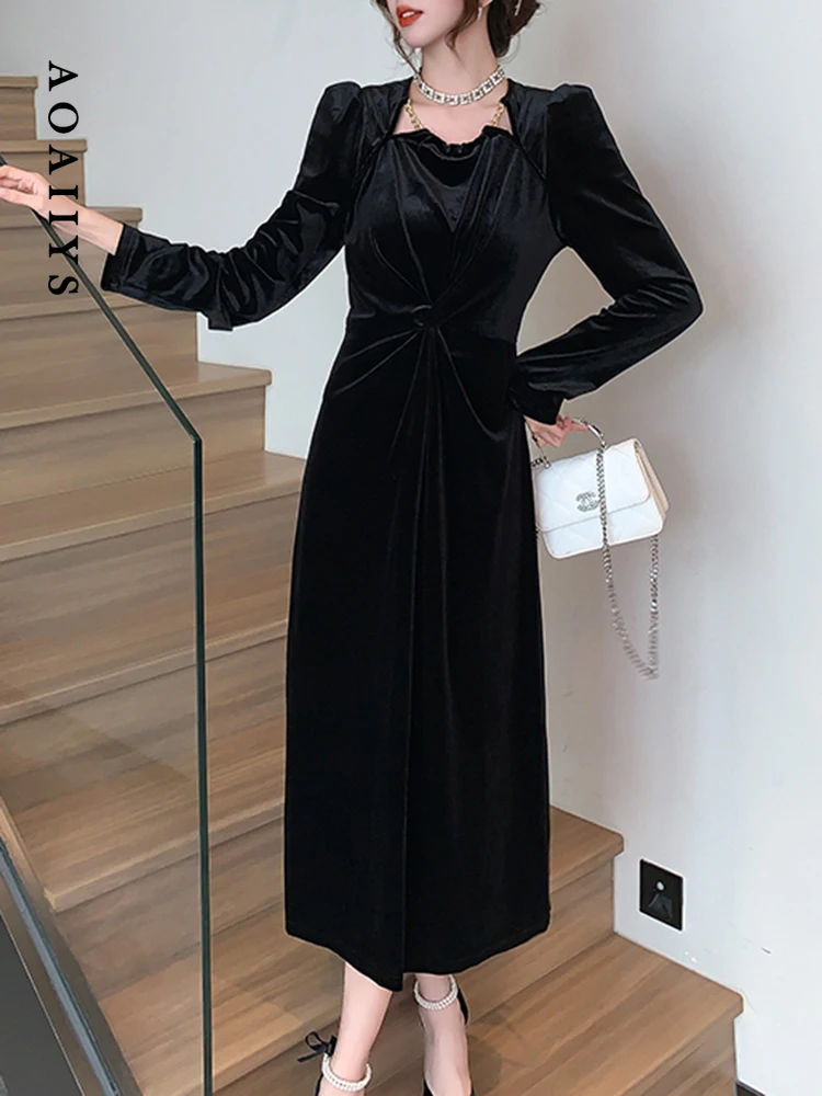 

Aoaiiys Black Velour Dresses for Women Square Collar Long Sleeve Pleated Long Dress Korean Fashion Chic Simple Classic Dress New