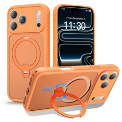 Rotating Magnetic Stand Case with 360 Ring - Shockproof Lens Protection Cover - iPhone 18 Pro Max (Orange sanFen)