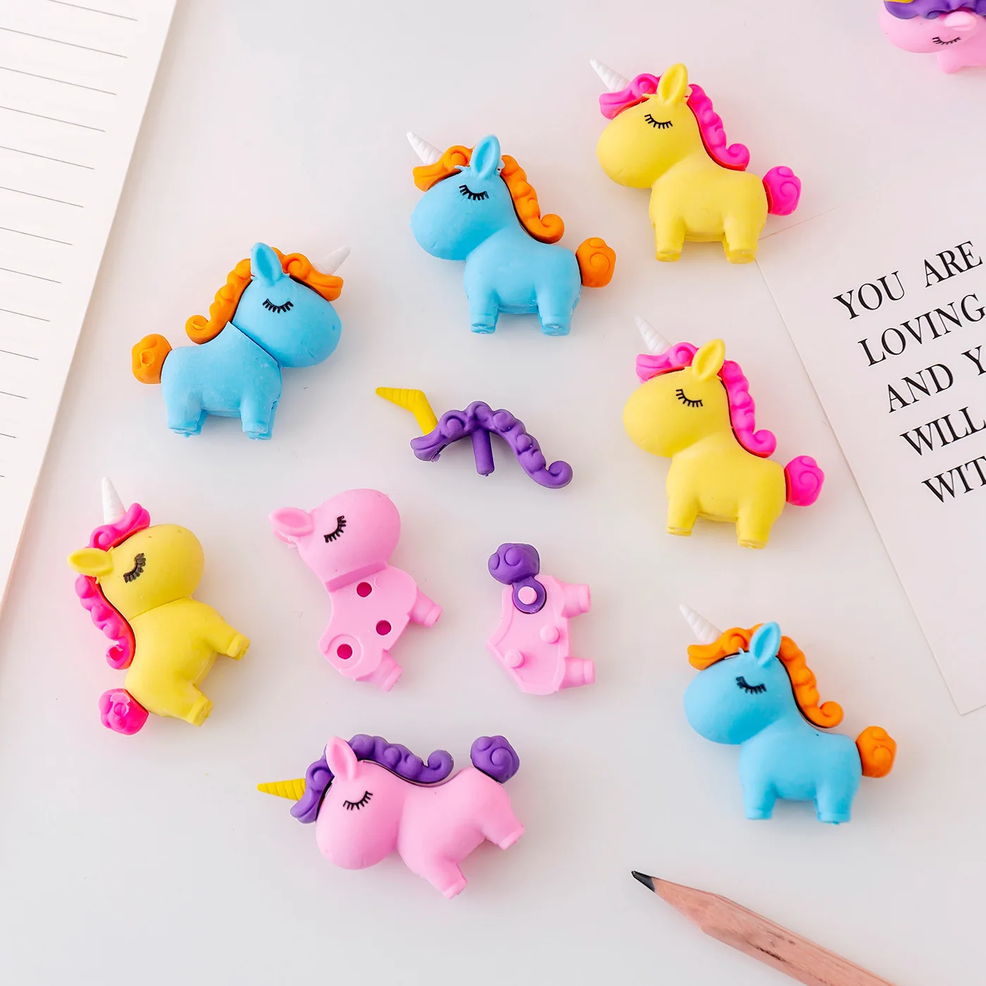 3Pcs/Lot Cute Cartoon Unicorn Eraser Kawaii 3D Pony Detachable Pencil Eraser Rubber For Kids School Student Stationery Gifts 5