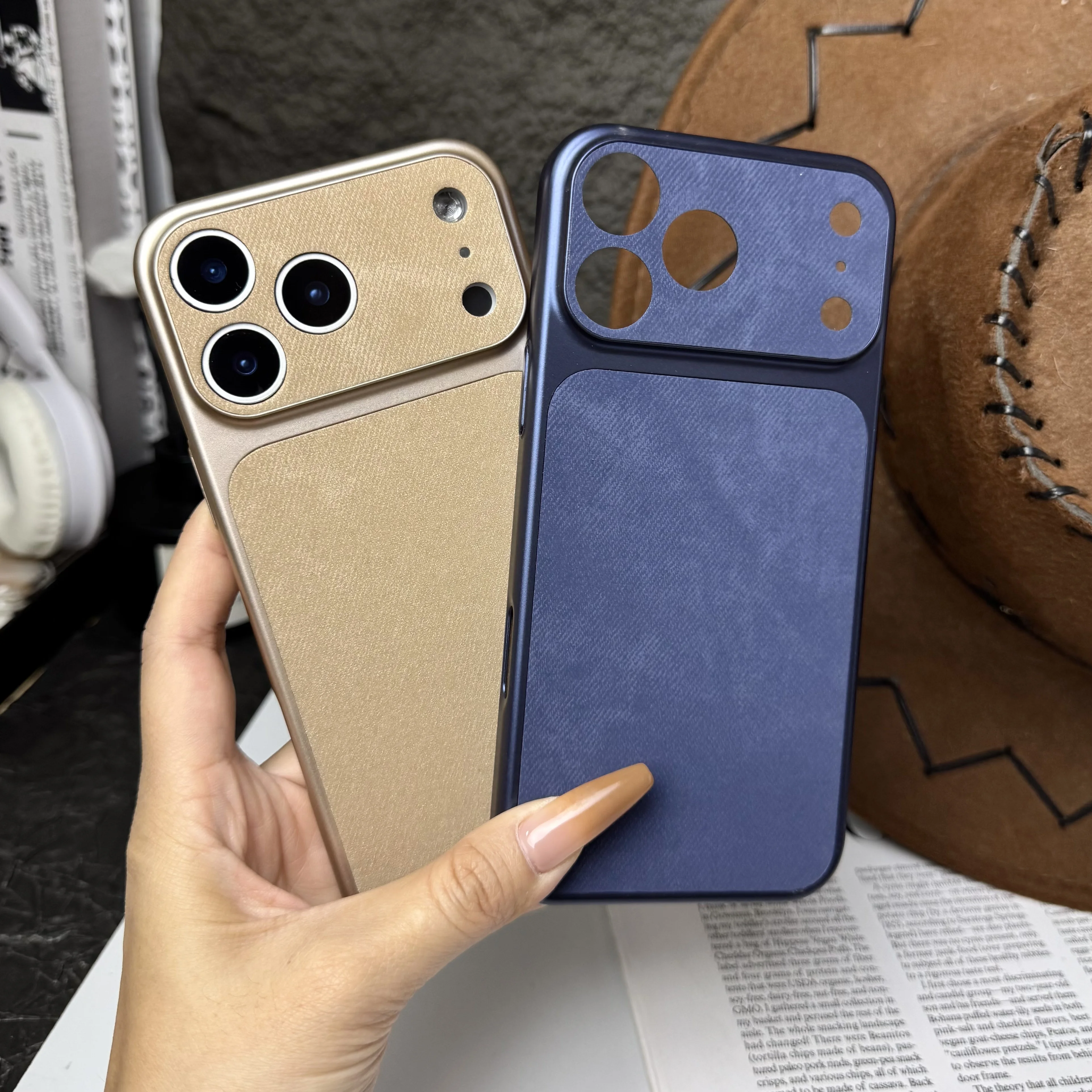Denim Pattern Leather Phone Case with Large Window and Suede Shell