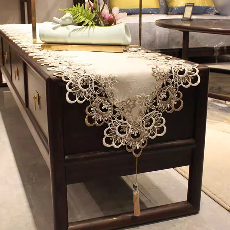 Embroidered Table Runner Table Flag TV Cabinet Decoration Tassel Pendant Lace Flag Home Accessice