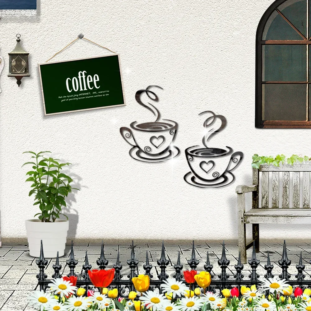 Coffee cup mirror wall stickers three-dimensional 3d self-adhesive layout restaurant kitchen door decoration cafe room decor Wall Sticker Mirror Wall Sticker