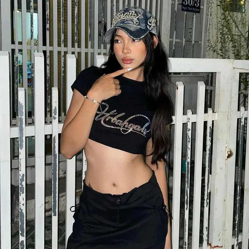 Rhinestone Letter Print T-shirt Summer Retro Streetwear Women Grunge Baby Tee Y2k Clothes Aesthetics Cute Emo Girl Slim Crop Top