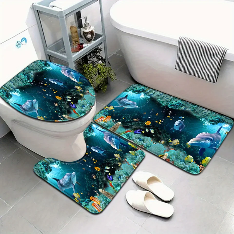 3pcs Underwater World Series Bathroom Mat Set with Three Dolphin Patterns,  Toilet Seat Cover, And U-Shaped Foot Mat. - AliExpress, image size:960x960