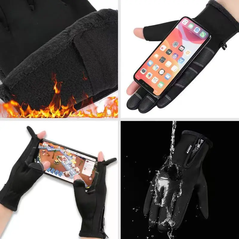Cycling Gloves Men Women Touch Screen Two-Finger Clamshell Gloves Autumn Winter Fleece Waterproof Windproof Zipper