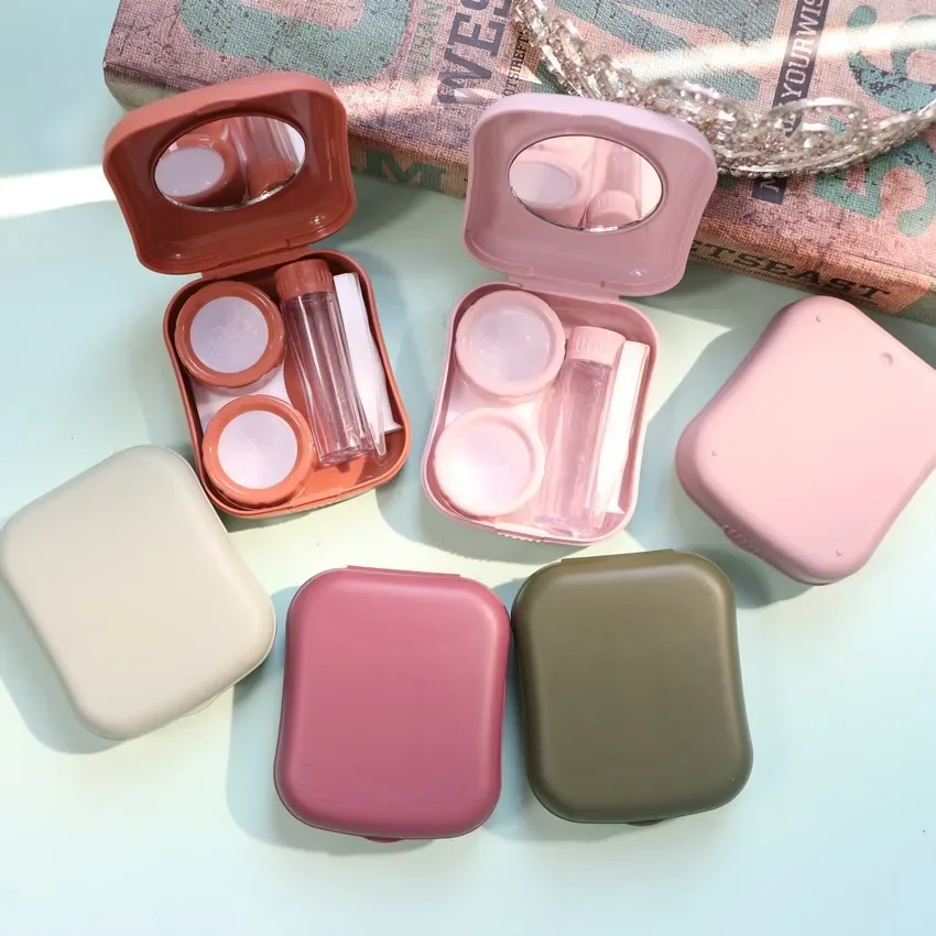 Solid Color Elegant Lady Contact Lens Case with Mirror Cosmetic Contact Box Eyes Care Lenses Container Box Gift Case