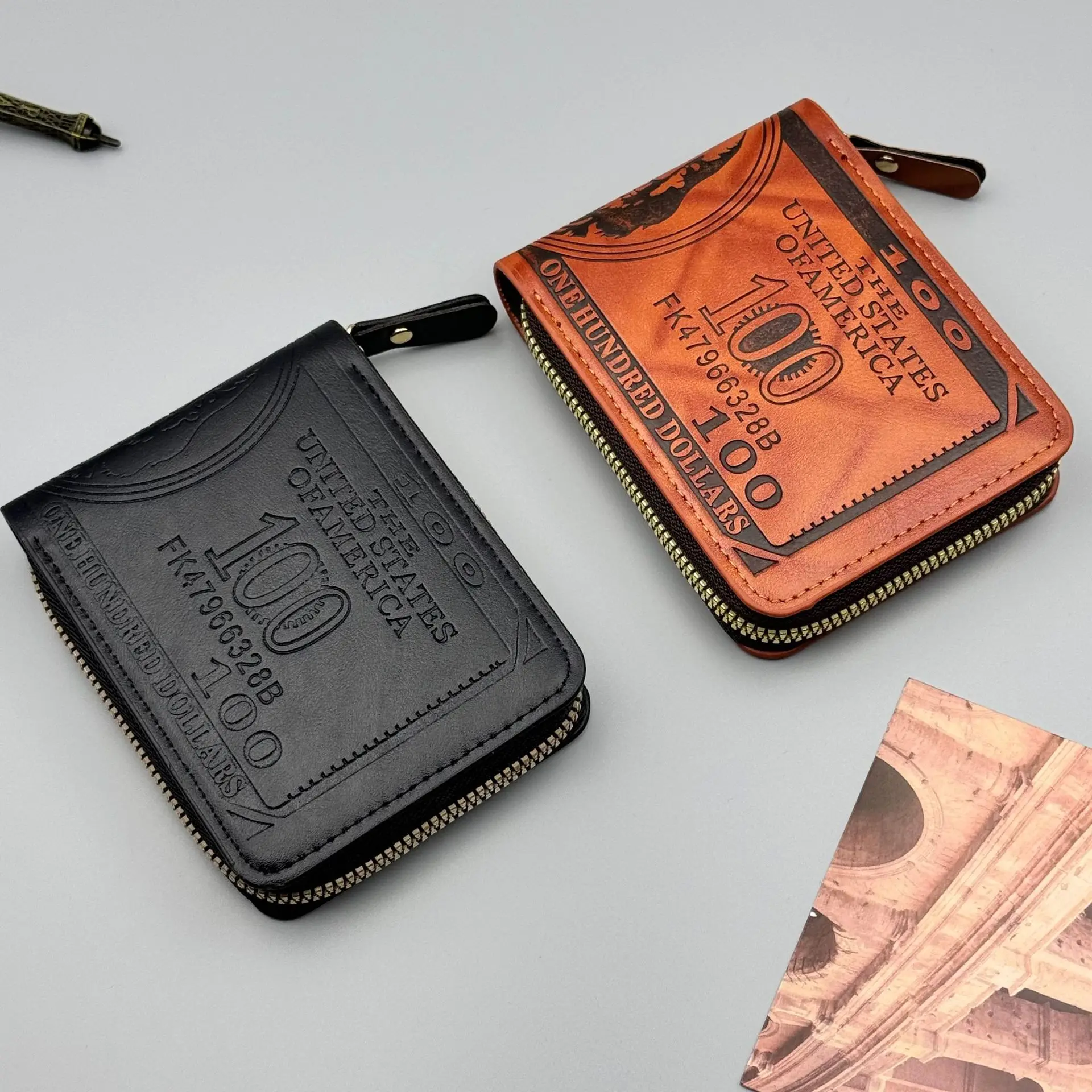 Men's Retro printing  Wallet, Ultralight Slim Zip Coin Wallet, Short Zipper Compact Cash Organizer RFID