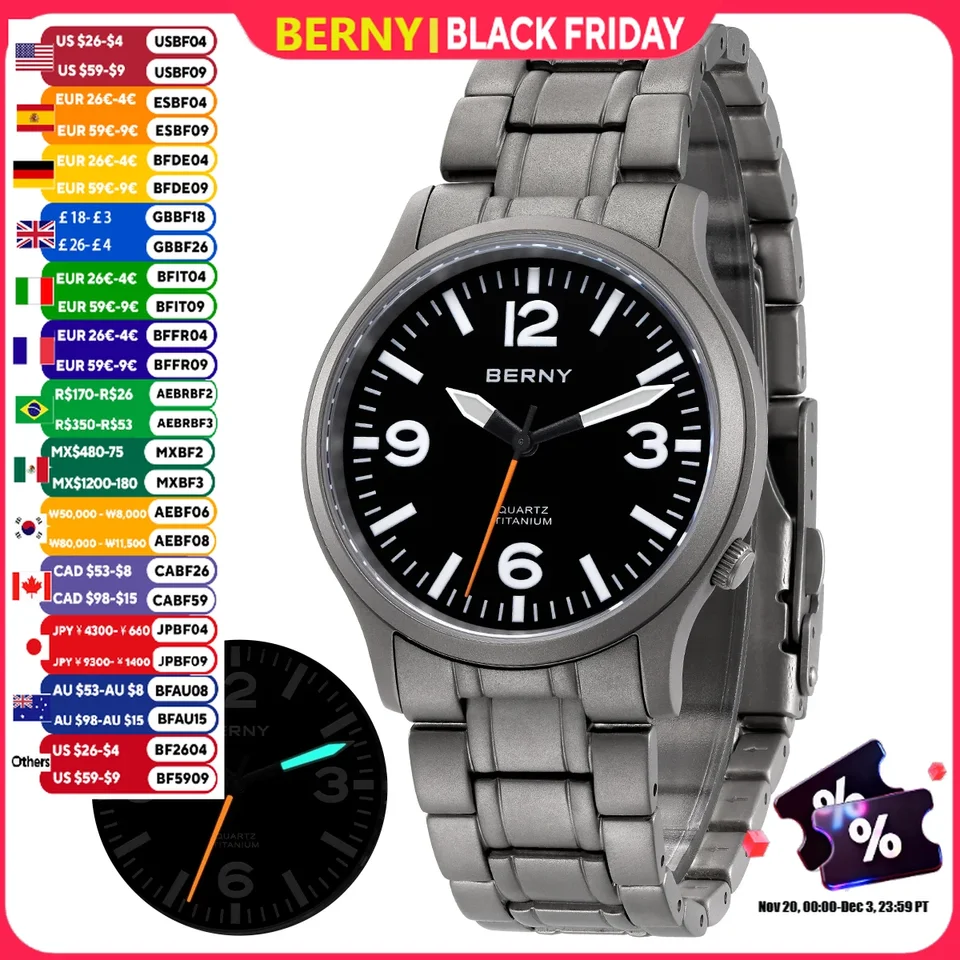 BERNY Full Titanium Men Watch Super Luminous Sports Pilot Quartz