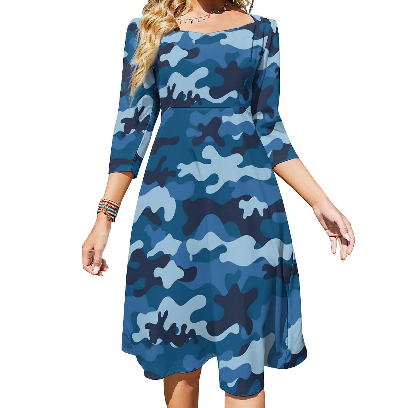 

Blue Camouflage Dress Summer Army Camo Elegant Dresses Woman Three Quarter Stylish Graphic Oversized Casual Dress