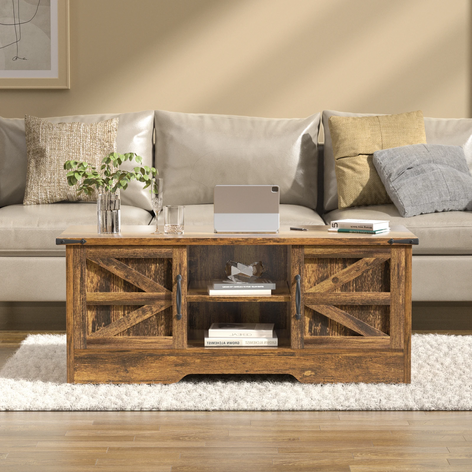 Coffee Table With Barn Doors, Farmhouse Center Table With Storage, Modern Rustic Style Wooden Living Room Table, Brown