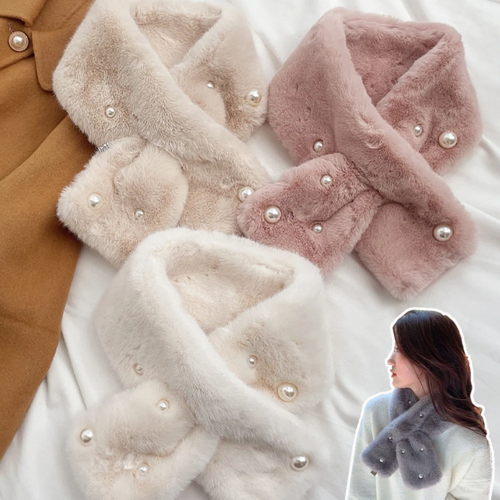 

Winter Soft Warm Thick Fluffy Faux Rabbit Fur Scarves With Pearl Beaded Decor Plush Cross Scarf Windproof Snood Neckerchief